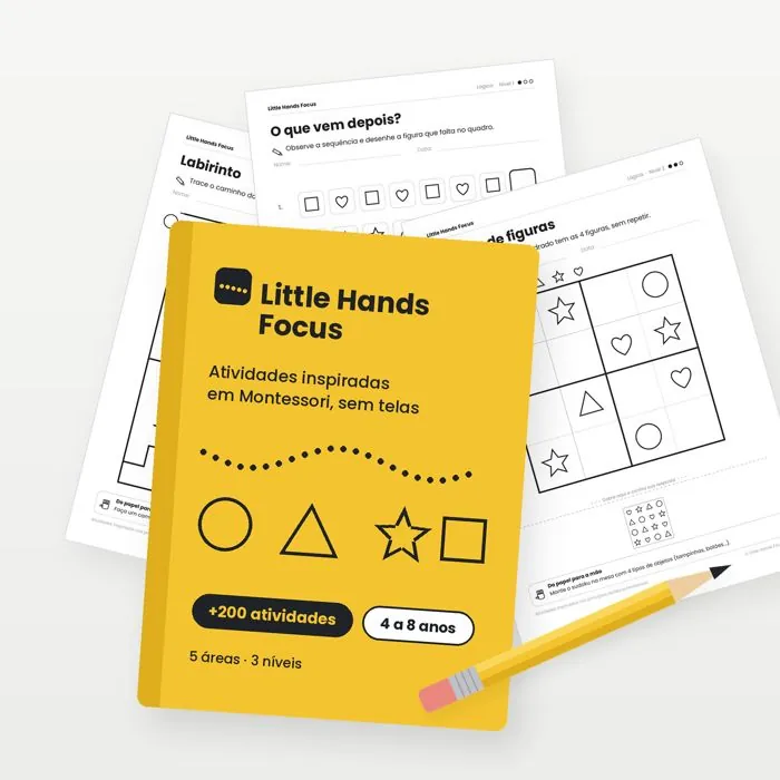 Mockup do caderno Little Hands Focus com folhas de atividades
