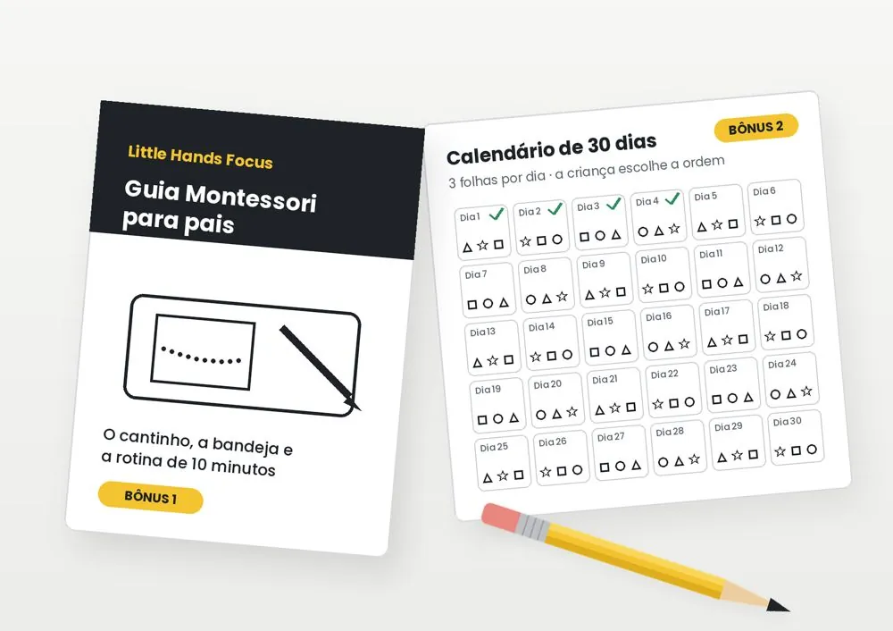 Mockup dos bônus: Guia Montessori para pais e Calendário de 30 dias